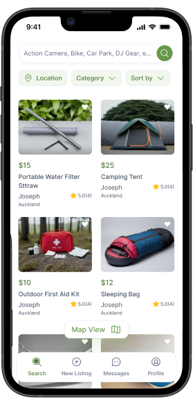 Mobile screen view of available items for hire on Sharehub in New Zealand.