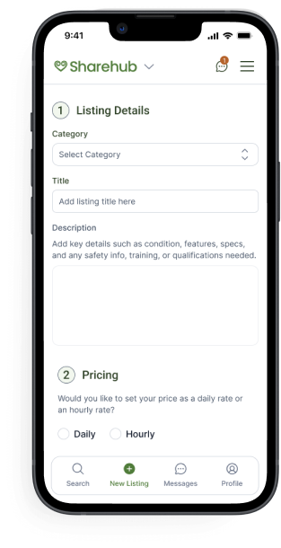 Add a new listing on Sharehub – mobile screen view showing how to list an item for hire