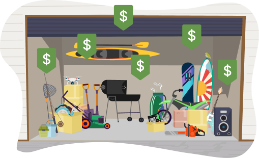 Garage with items for hire, each marked with a dollar sign on Sharehub NZ